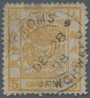 China: 1878, Large Dragon Thin Paper 5 Ca. Yellow Canc. "CUSTOMS NEWCHWANG DEC 28 78", Soiled And Ho - Other & Unclassified