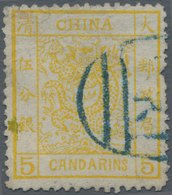 China: 1883, Large Dragon Thick Paper 5 Ca. Lemon Canc. Part Blue Seal "(Pe)king", Stamp Faults A. O - Sonstige & Ohne Zuordnung