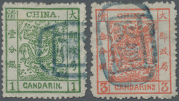 China: 1885, Large Dragon Thick Paper Rough Perfs. 1 Ca. Green Resp. 3 Ca. Vermilion Canc. Blue Seal - Sonstige & Ohne Zuordnung