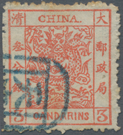 China: 1885, Large Dragon Thick Paper Rough Perfs. 3 Ca. Vermilion Canc. Blue Seal "Tien(tsin)", Sli - Sonstige & Ohne Zuordnung