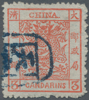 China: 1885, Large Dragon Thick Paper Rough Perfs. 3 Ca. Vermilion Canc. Blue Seal "Tien(tsin)" (Mic - Autres & Non Classés