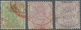 China: 1885, 3 Small Dragons Including 1ca Green And 3ca Mauve, Cancelled By Red And Black Readable - Sonstige & Ohne Zuordnung