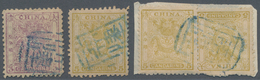 China: 1885/88, Customs Small Dragon Issue, 3cds And Three 5cds, Partially On Piece, Used With Blue - Autres & Non Classés