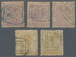 China: 1885/88, Customs Small Dragon Issue, Three 3cds And Two 5cds, Used With Blue And Black Tients - Autres & Non Classés