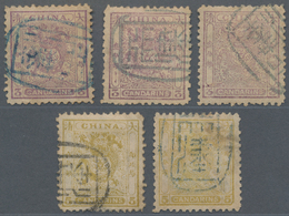 China: 1885/88, Customs Small Dragon Issue, Three 3cds And Two 5cds, Used With Blue And Black Tients - Sonstige & Ohne Zuordnung