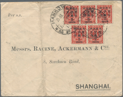 China: 1897, Red Revenue 2/cents (5, Horizontal Strip-3 And Pair) Tied Two Strikes Of Black Large Do - Autres & Non Classés