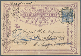China - Ganzsachen: 1893, Shanghai-Local-Post Stationery Card 2 C Violet Uprated With German Imperia - Cartes Postales