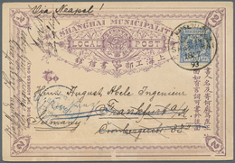 China - Ganzsachen: 1893, Shanghai-Local-Post Stationery Card 2 C Violet Uprated With German Imperia - Postkaarten