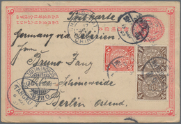 China - Ganzsachen: 1897, Card ICP 1 C. Uprated Coiling Dragon ½ C. (pair), 2 C. Carmine Tied Bisect - Cartes Postales