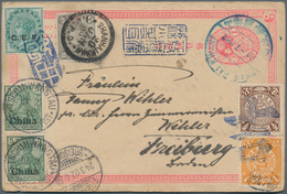 China - Ganzsachen: 1897, Card ICP 1 C. Canc. Blue Fancy "SHANHAIKWAN JAN 7 1902" With Japanese Offi - Postkaarten