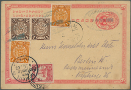 China - Ganzsachen: 1897, Card ICP 1 C. Red Uprated Coiling Dragon 1/2 C. (pair), 1 C. (2) Tied Gree - Postkaarten
