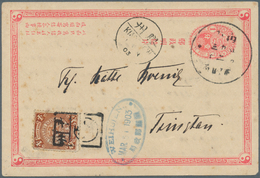 China - Ganzsachen: 1897, Card ICP 1 C. Canc. Sun&moon "Tsingchow" Uprated Coiling Dragon 4 C. Tied - Postcards