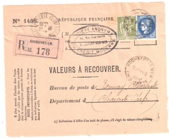 ROCHEFORT Charentes Inf Valeur à Recouvrer 1488 284A Paix 0,75 F Olive  372 Cérés 1,75 F Dest Tonnay Ob Horoplan 1939 - Covers & Documents