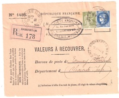 ROCHEFORT Charentes Inf Valeur à Recouvrer 1488 284A Paix 0,75 F Olive  372 Cérés 1,75 F Dest Tonnay Ob Horoplan 1939 - Cartas