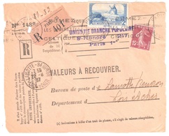 PARIS 35 Valeur à Recouvrer 1488 2F Moulin Daudet 15c Semeuse Yv 189 311 Ob MECANIQUE 1937 Dest Lamotte Beuvron - Cartas & Documentos