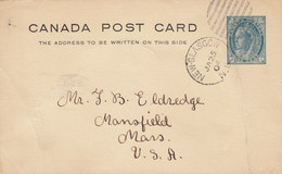 Canada Postal Stationery Ganzsache Entier Victoria NEW-GLASGOW Nova Scotia 1902 MANSFIELD Mass. United States - 1860-1899 Regno Di Victoria