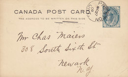 Canada Postal Stationery Ganzsache Entier Victoria PRESTON Ontario 1900 NEWARK Line Cds. (Arr.) United States - 1860-1899 Victoria