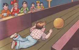 Margret Boriss Artist Signed Image, Children Bowling, Boy Falls, C1930s Vintage Postcard - Bowling