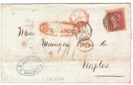 United Kingdom To Italy Naples 1869 Lettersheet London To Naples, 11d Paid In Cash, Late Fee Paid With Penny Red (u20) - Lettres & Documents