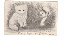 Kitten And Puppy In Grass, Signed Artist "V Colby" USA, 1909 Postcard Split Ring Cancel HEADFORD Ontario Canada - Paterson