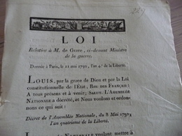 Loi Relative à M.De Grave 11/05/1792 Révolution Remise En Poste Ministre De La Guerre - Gesetze & Erlasse