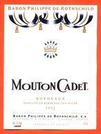 étiquette + Etiq De Dos De Vin Bordeaux Mouton Cadet 1992 Baron Philippe De Rothchild à Pauillac - 75 Cl - Vin De Pays D'Oc