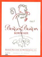 étiquette + Etiq De Dos De Vin Bordeaux Berger Baron 1993 Baron Philippe De Rothchild à Pauillac - 75 Cl - Vin De Pays D'Oc