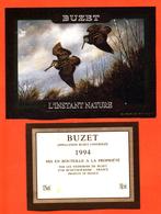 étiquette + Etiquette De Dos De Vin De Buzet 1994 L'instant Nature à Buzet Sur Baise - 75 Cl - Bécasses - Hunting