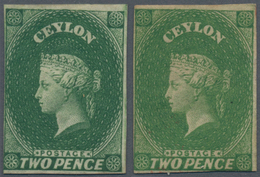 Ceylon / Sri Lanka: 1857 QV Singles 2d. Green Plus 2d. Yellow-green, Both Wmk Star, Imperf And Mint, - Sri Lanka (Ceilán) (1948-...)