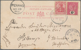 Ceylon / Sri Lanka: 1902 Combination Franking Of Ceylon 1899 6c. Rose & Black And German Reich Germa - Sri Lanka (Ceylon) (1948-...)