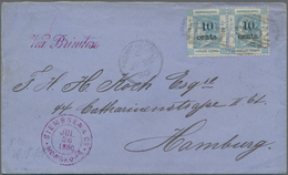 Hongkong: 1879, QV 10 Cents/12 C. Light Blue, A Horizontal Pair Tied "B62" To Cover W. "HONG KONG JY - Other & Unclassified