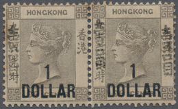 Hongkong: 1885, $1/96 C Grey Black., A Horizontal Pair, Pos. 1 Variety "right Vertical Ovpt. Missing - Otros & Sin Clasificación