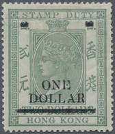 Hongkong - Stempelmarken: 1897, QV Revenue Stamp Wmk. Crown CC $2 Olive Green Surcharged $1, With Bo - Postal Fiscal Stamps