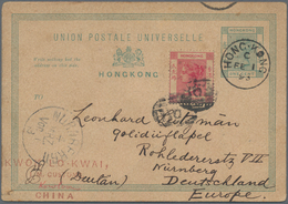 Hongkong - Ganzsachen: 1893/98, Cards QV 1 C.: Canc. "HONG KONG C FE 1 93" Uprated QV 2 C. Canc. "B6 - Entiers Postaux