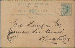 Hongkong - Ganzsachen: 1897, Double Card QV 1+1 C. Green. Question Part Used "HONG KONG SP 7 97" To - Interi Postali