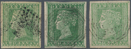 Indien: 1854 Three Single Stamps 2a. Green, Different Colour Shades, Two With ALMOST COMPLETE OUTER - 1852 District De Scinde