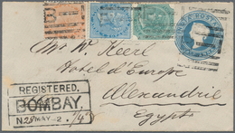 Indien: 1880 Postal Stationery Envelope ½a. Blue Used Registered From Bombay To 'Hotel D'Europe' In - 1852 Provincia Di Sind
