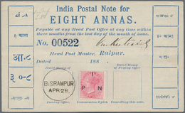 Indien: 1880's "India Postal Note For EIGHT ANNAS" Form For Head Post Master Of RAIPUR, Bearing Resp - 1852 Provincie Sind