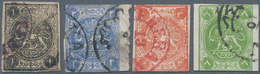 Iran: 1875, Lions Issue Complete Used Rouletted Set Of Four Stamps Clear Cancelled, Minor Faults And - Iran