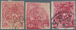 Iran: 1878, Re-engraved Lion Issue 1 Kr. Carmine, Three Mint And Used Stamps, Well Margins, All Show - Irán