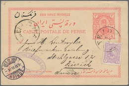 Iran: 1895, Stationery Card 5 Ch. Carmine Uprated 1 Ch. Violet Canc. "YEZD 5 10 95" Via Tehran To Sw - Iran