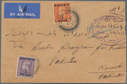 Katar / Qatar: 1953 Airmail Cover From Doha, Qatar To Karachi, Pakistan Via Bahrain, Endorsed On Rev - Qatar