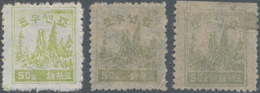 Korea-Nord: 1946, 50 Ch. Greyish Green To Dark Greyish Green, Three Copies In Different Shades, Unus - Corea Del Nord