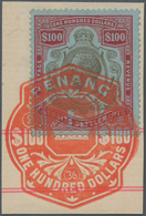 Malaiische Staaten - Straits Settlements: 1921-33 KGV. $100, Used Fiscally On Small Piece And Tied B - Straits Settlements