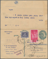 Nepal: 1962 Postal Stationery Double Card 8p.+8p. Green, Printed With Addresses, Message And "REGIST - Népal