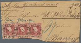 Niederländisch-Indien: 1864 Kind Wilhelm III. 10c. Lake Horizontal Strip Of Three, Used On Large Par - Netherlands Indies