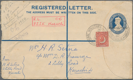 Pakistan: 1949 Postal Stationery Registered Envelope 3+1½a. Optd. "PAKISTAN", Used Locally In Karach - Pakistán