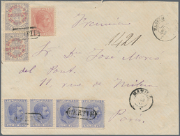 Philippinen: 1881/88, 2cts Rose, 2 4/8 Cts. Blue (horizontal Strip-4) And 6 2/8 Cens On 12 4/8 Grey - Filippine
