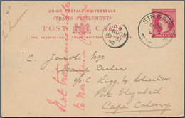 Singapur: 1892 "Not Transmissible To Non-Union Countries" Note In Red On Postal Stationery Card 2c. - Singapore (...-1959)