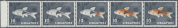 Singapur: 1962 'Halequinfish' 10c. Marginal Strip Of Five Showing Left-hand Pair With "RED-ORANGE OM - Singapour (...-1959)